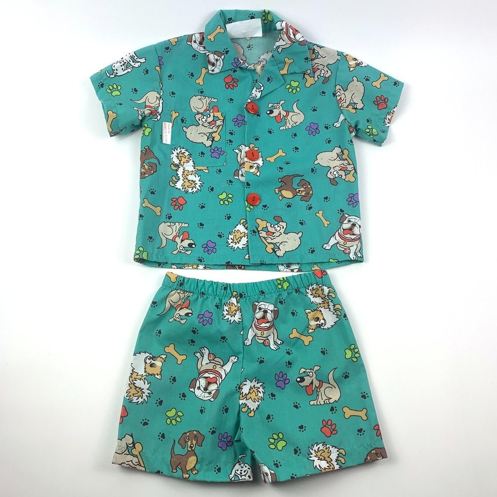Hand Crafted by Grannie Annie‎ Shorts Set Green w Dogs and Red Buttons Sz XS 2T?